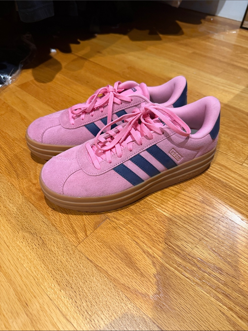 adidas Pink Suede Platform Sneakers with Navy Stripes and Gum Sole